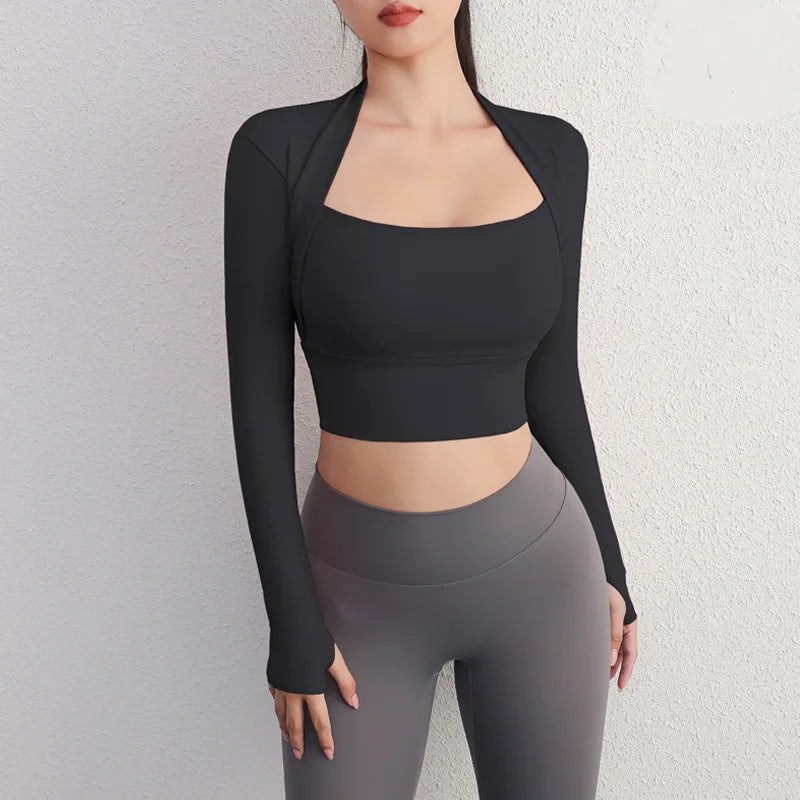 Padded Yoga Shirts Long Sleeve  Crop Tops Low Cut Gym Shirt