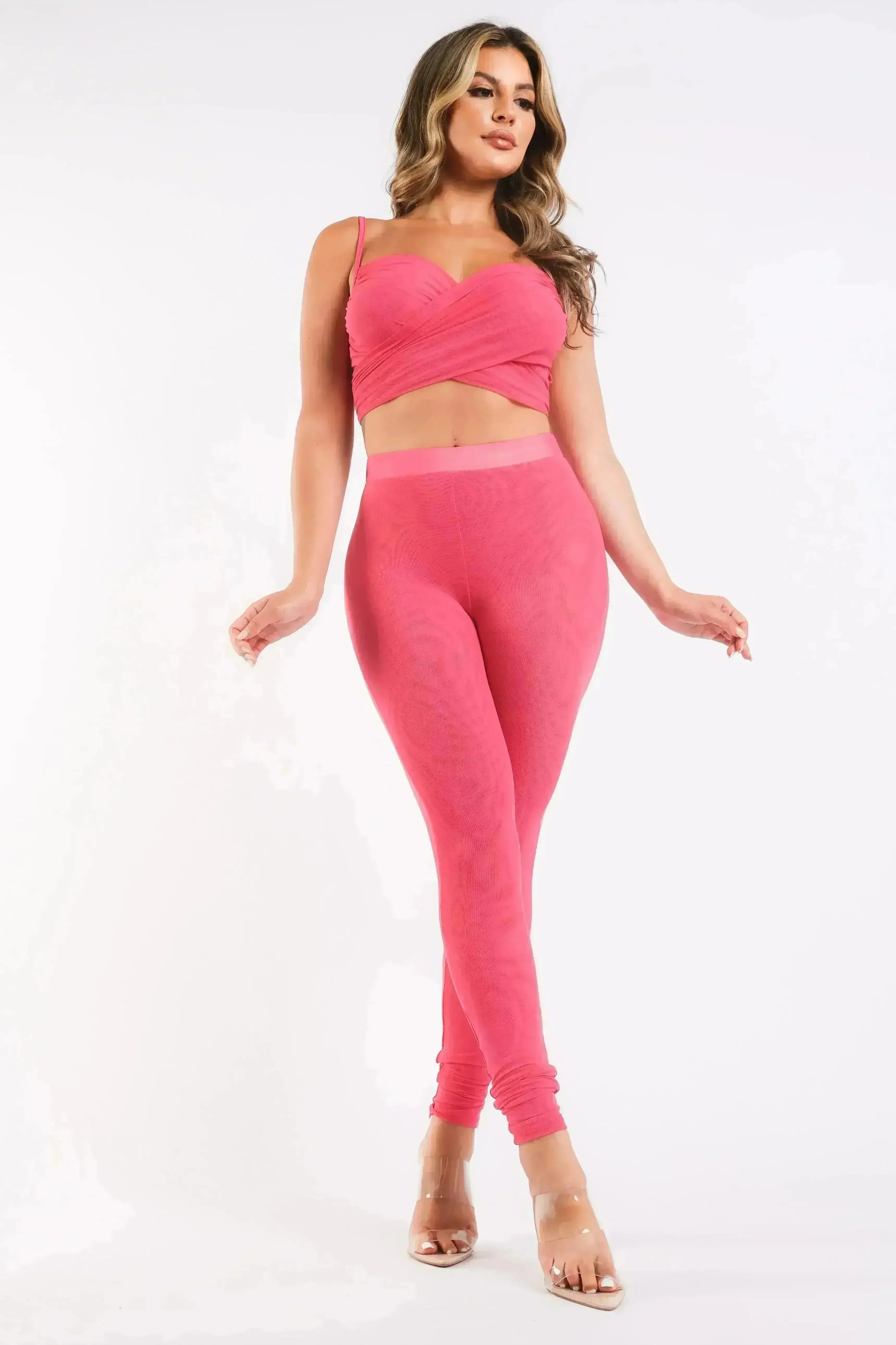 Mesh Contrast Sets Casual Sports Strappy Sleeve Top & Leggings FUCHSIA