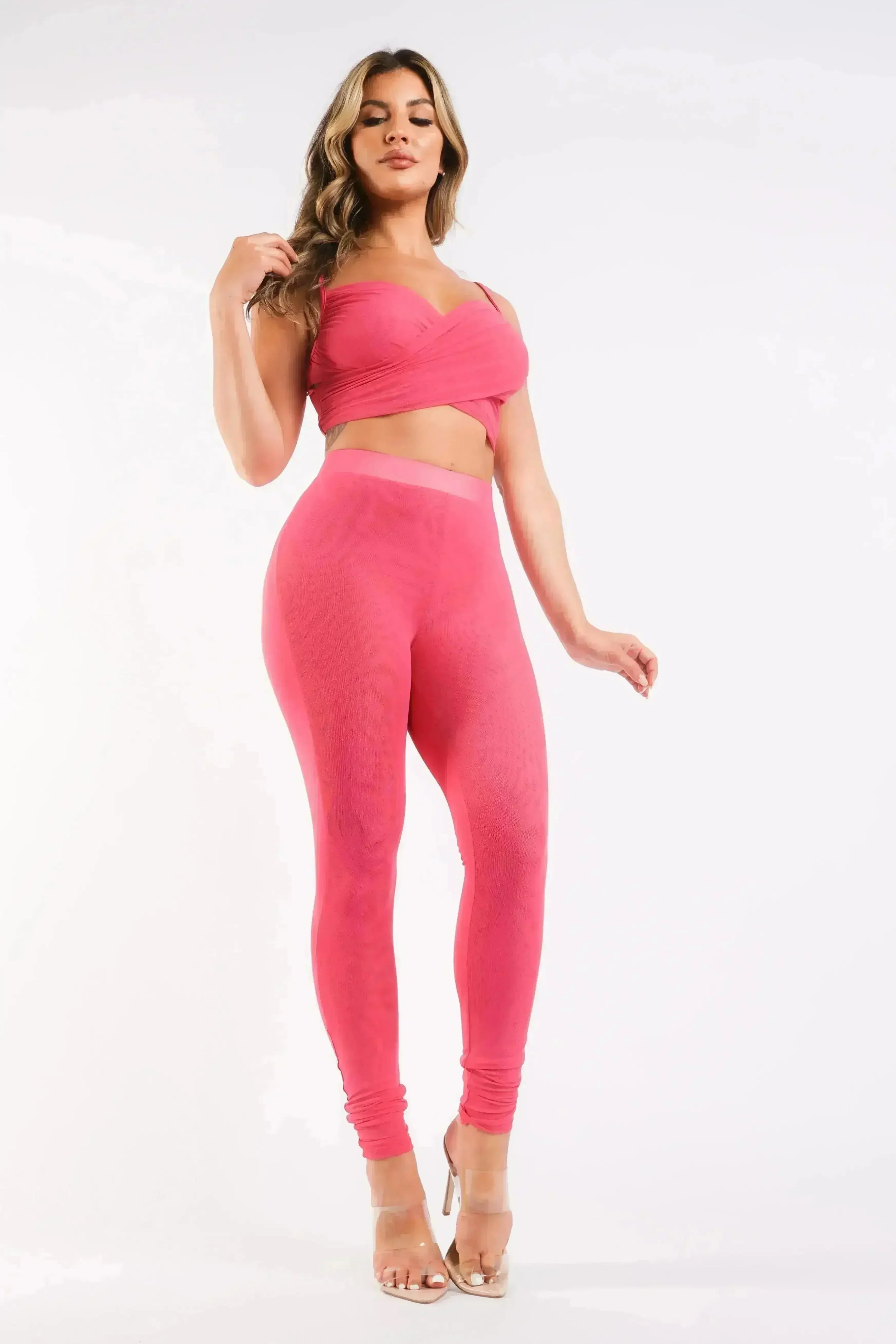 Mesh Contrast Sets Casual Sports Strappy Sleeve Top & Leggings FUCHSIA