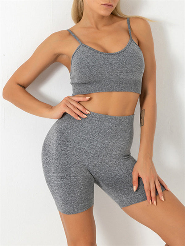 Women's Solid Color Seamless Camisole Yoga Sports Bra & Shorts Set